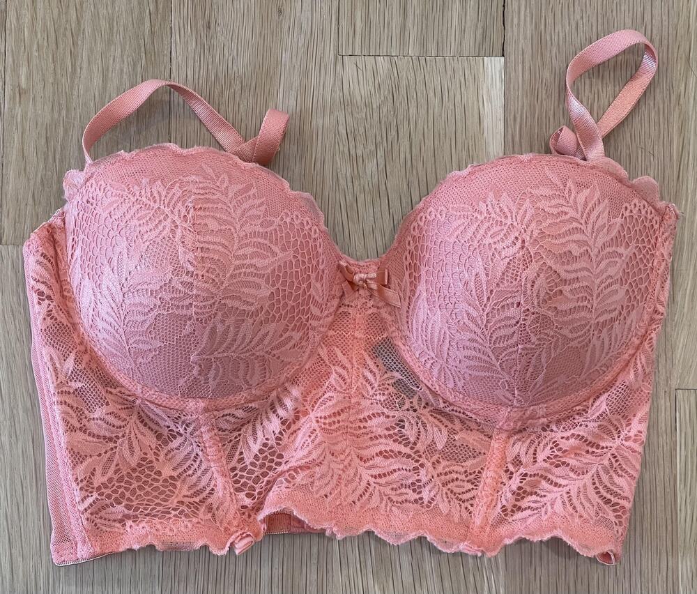 Daisy Fuentes Longline Bra Womens Pink Lace Floral Molded Underwire Boned 34C